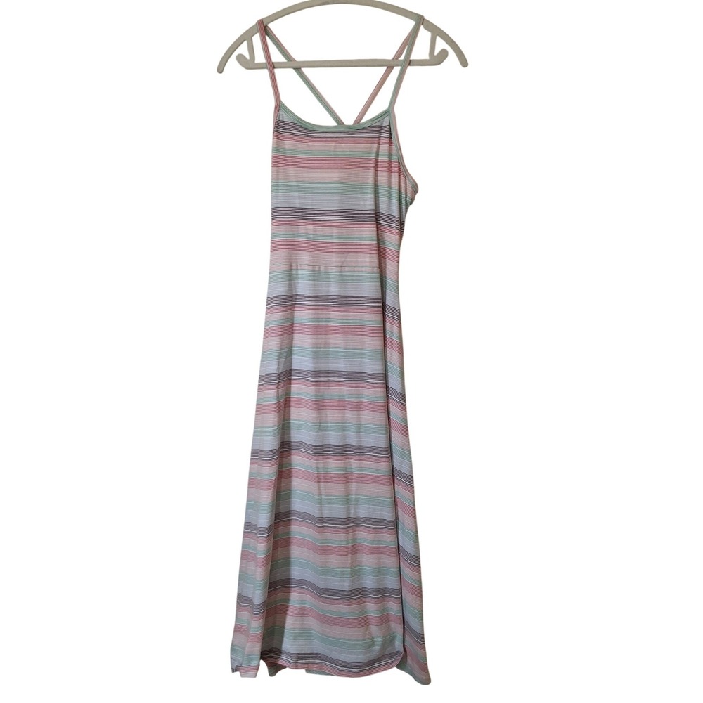 Pact M Organic Cotton Striped Midi Dress Shelf Bra Cross Back Pastel Pink Green